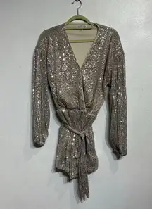 She + Sky Silver Sequin Faux Wrap Romper Sz M