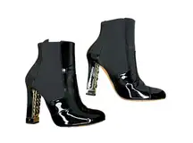 Chanel Black Patent Leather Chain Detail Block Heel Ankle Boots EU 38 CC Booties