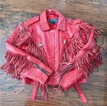 Vintage Red Leather Fringed Motorcycle or Rodeo Jacket with Conchos Size XXL