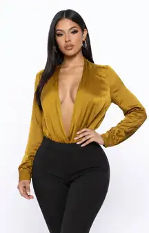 Sincerely Jules Olive Green Silky Draped Wrap Thong Bodysuit Size Large