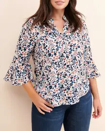 ASTR Button Front Flare Sleeve Blouse in Leopard Print Blue White Pink Rust - L