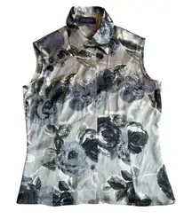 Piazza Sempione Size‎ 2 Sleeveless Silk Button Up Vest Gray Rosette Floral Print