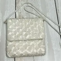 Vintage White Glass Beaded Patterned Crossbody Bag Art Deco Pearl Strap Party