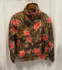Vintage 80’s leopard roses oversized track jacket zip front elastic cuffs waist