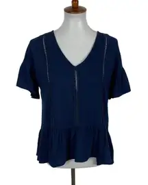 Hem And Thread Top Small Blue Ruffle Sleeve Textured Boho Lightweight Blouse