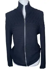INC Women's Black 100% Cotton Quilted Ribbed Mock Neck Zip Sweater Jacket Sz Med