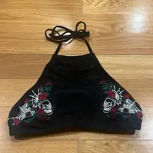 Hot Topic black skull spiderweb embroidered swim top size small .