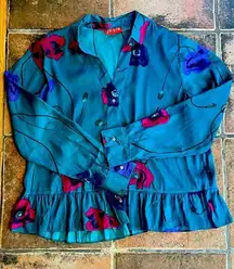 Josie Natori Teal Floral Pajama Top With Bottom Ruffle Sz M