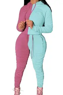 pink & blue Color block 2 piece hoodie and scrunch leggings matching set  SMALL