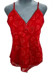 Y2K Babydoll Camisole Tank Top Medium Red Textured Hearts Mesh Overlay Satin Vtg