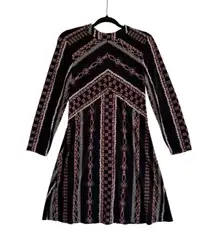 Free People Boho Geometric Print Long Sleeve A-Line Mini Dress Lined sz M