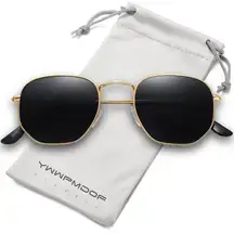 Unisex Gold/Grey Trendy Square Hexagonal Flat Mirrored Sun Glasses UV Protection