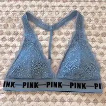 VS Pink Logo Band Padded Lace Racerback Bralette Light Blue Size Small