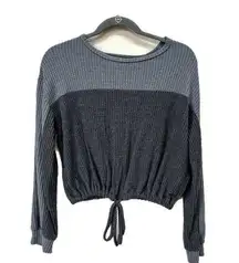 thermal knit, oversized, cropped, long sleeve shirt with cutout back