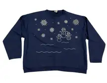 Christmas Holidays Navy Blue Embroidered Snowman and Snowflake Sweatshirt. Size XL