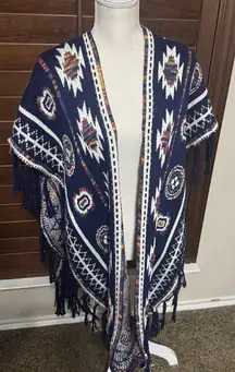 Hipster Row Tribal Aztec Sleeveless Poncho OS Navy Blue Southwest Sweater Boho