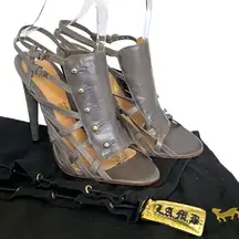 Raja Gray Leather Cage Sandals - Strappy Stiletto Heels