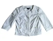 Talbots Denim Stretch Jacket Womens Size 8 White Front Buttoned 3/4 Sleeves