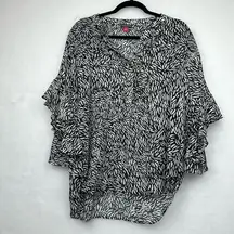 Vince Camuto Drifting Petals Flutter Sleeve Henley Blouse Rich Black Size L