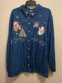 Vtg White Stag Womens Blue Denim Christmas Button Up Shirt 26W 28W Embroidered