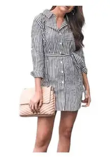 Vertical Stripe Button Down Shirt Dress Tie Waist Size Small Blue Gray and White