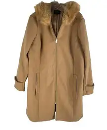 EXPRESS  Faux Fur Hooded Wool Blend Coat Front Zip Camel Size XL