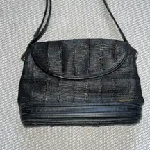 Small Black Vintage Textured Crossbody Bag Fold Top Button Clasp