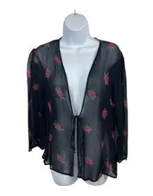 VTG Dressbarn Black Sheer Red Floral Open Tie Front L Top 90s Y2K