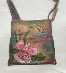 Vintage Anuschka Artistic Floral Handmade Leather Crossbody Bag