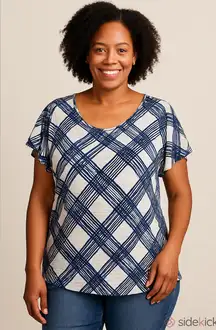 Jones New York Navy White Plaid Stretch Knit Top XL Short Sleeve