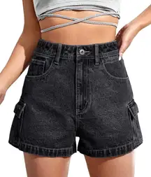 black mini utility jean shorts 4. Slightly pre-loved and excellent condition.