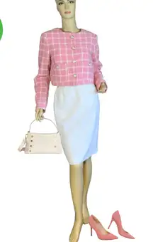 RACHEL ZOE PINK & WHITE TWEED CROPPED WINDOWPANE PATTERN JACKET (XS)