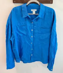 Rachel Zoe 100% Linen Cobalt Blue Button Up Shirt XL