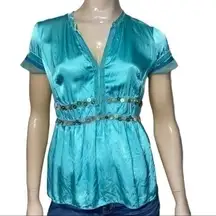 Karen Millen England Size 6 Turquoise Deep Neck Button Waist Top Blouse