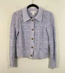 Rachel Zoe Women Blue Eyelet Knit Long Sleeve Collared Button Up Cardigan Size S