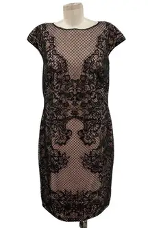 Tadashi Shoji Black Embroidered Cocktail Lace Mesh Sheath Dress Size 16