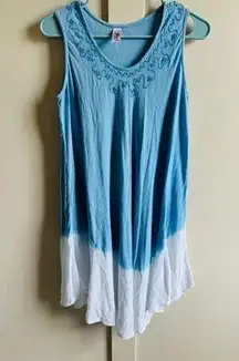 Blue And White Embroidered Sleeveless Flowy Sun Dress OSFM