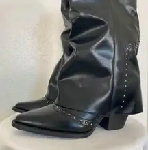 Iconic Black Faux Leather Fold Over Silver Studded Western High Heel Boots 7.5