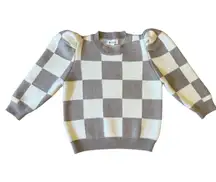 & Merci Cream & Brown Checkered Puff Sleeve Sweater 3/4 Sleeve Size Small