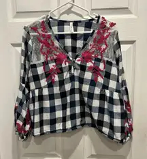 Roper Women's Blue White Gingham Embroidered Long Sleeve Top Medium Western