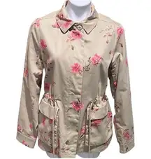 A Loves A Floral Cinched Waist Beige Pink Full Zip Lightweight Jacket Medium