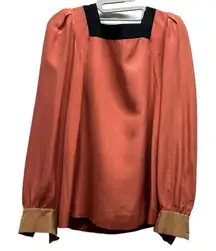 CHLOE Top Blouse Shirt Marigold Yellow Orange Silk Long Sleeve, Gold Buttons