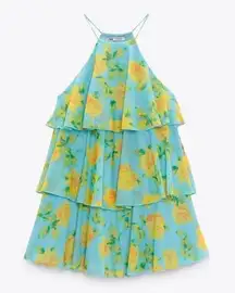 ZARA  Tulle Tiered Blue And Yellow Floral Print Coquette Romantic Dress Size S