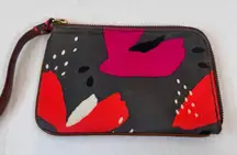 Fossil Grey Red Abstract Print Canvas Wristlet Wallet Wrap Around Zip Classic