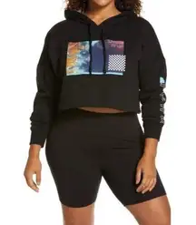 BP Living It Up Cropped Long Sleeve Graphic Hoodie Sweatshirt Black Size XL