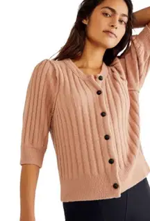 FREE PEOPLE SLOANE Short Elbow Sleeve Cardigan Size Small Peach Blush Pink NEW!