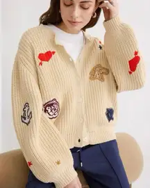 The Great. Collegiate Cardigan.  Neck sweater heart patchwork size 4-6