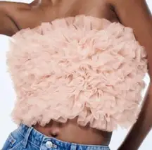 ZARA  Strapless Crop Knit Tube Top with layers of Tulle in PINK size small