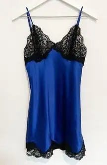 Cacique Vintage 100% Silk Lace Satin Lingerie Slip Dress Blue Black Vtg Medium