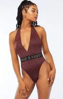 Savage X Fenty Bodysuit Women's Size M Logo Plunge Halter Neck Maroon